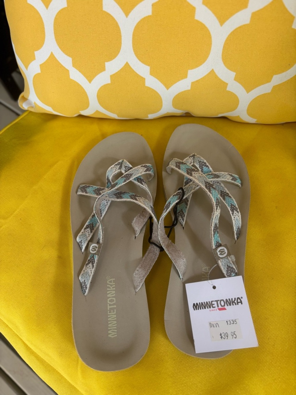 Minnetonka Women's Beige Sandals with Teal Snake-Print Straps